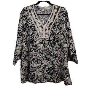 Susan Bristol Linen Blend Black Ivory Floral Lace V-Neck Boho 1X Women's Shirt